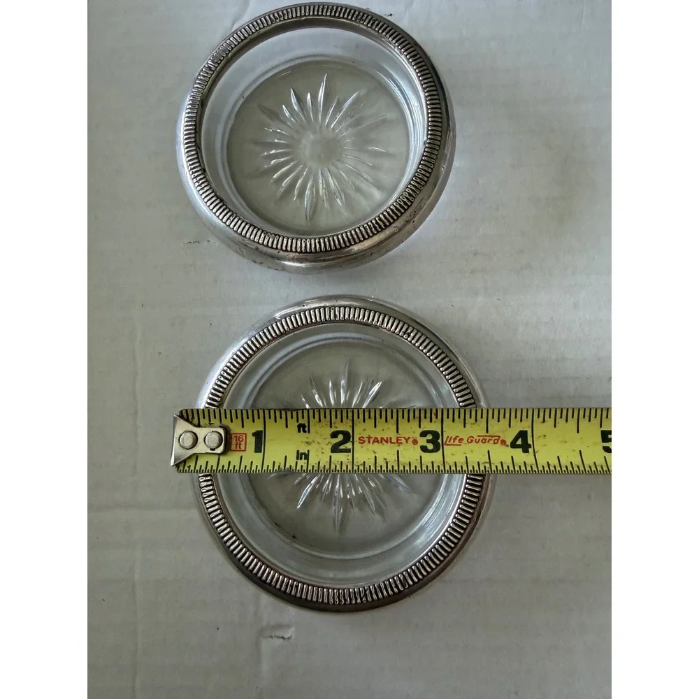 Vintage Sterling Silver Rim Glass Coasters Starburst Set of 2 Gadroon Edge